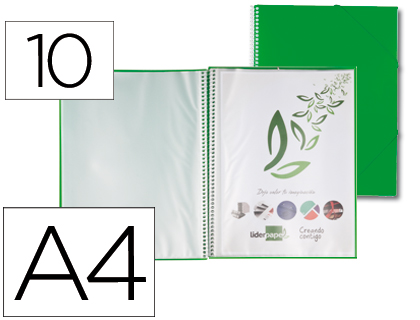 Carpeta con 10 fundas con espiral Liderpapel A4 polipropileno verde